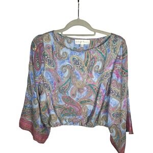 Chelsea & Theodore Paisley Cropped Blouse Women's M Pink‎ Blue Long Sleeve Boho